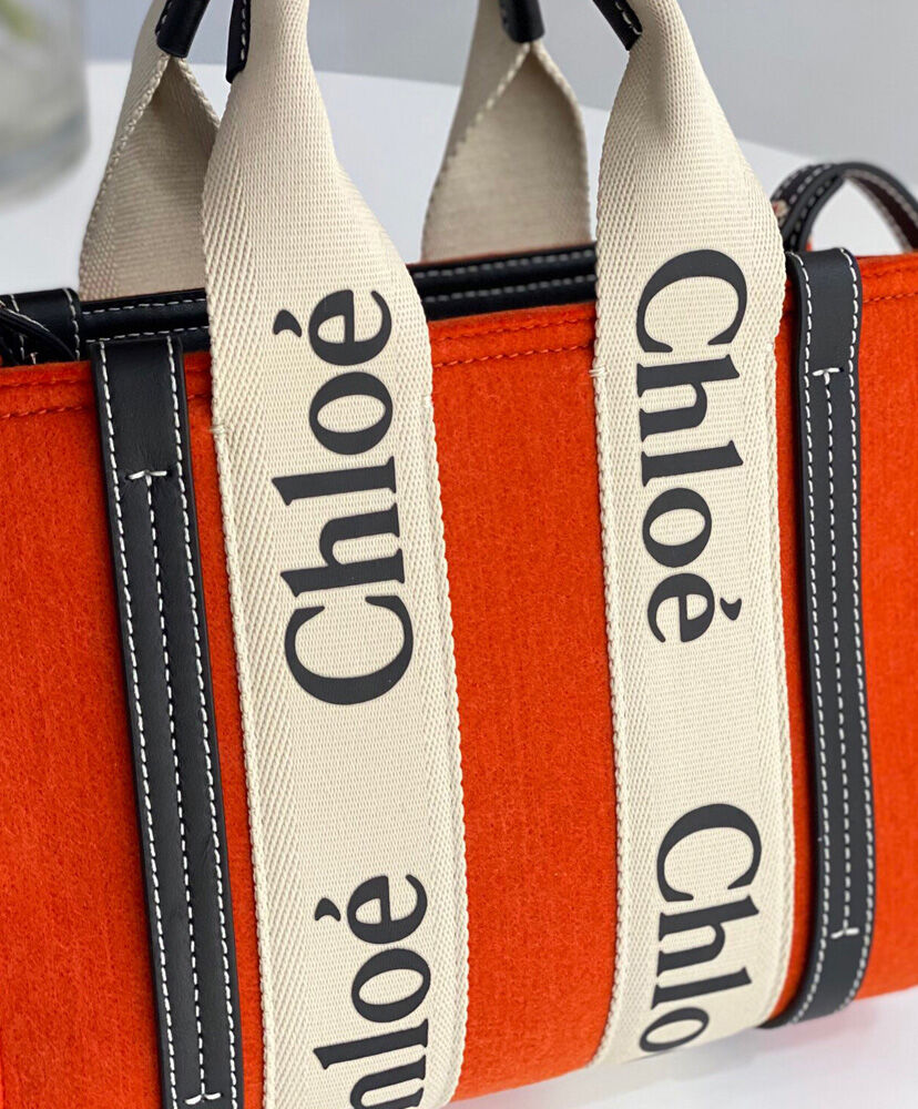 Chloe Small Woody Tote Bag With Strap Canvas with Leather Orange